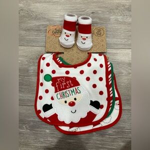 My First Christmas Baby Bib Set of 3 with Matching Santa Socks